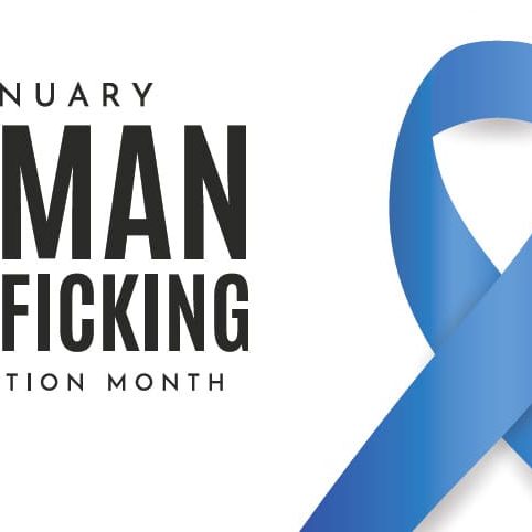 A blue ribbon sits next to the text: January Human Trafficking Prevention Month, highlighting the critical intersection between human trafficking and homelessness.